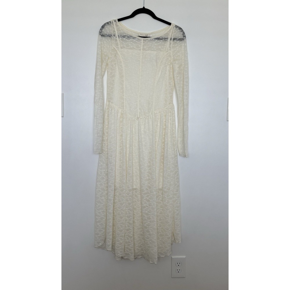 Thirty/Thirty sheer long-sleeve Cream/Ivory lace maxi Dress basque waist SzL NWT